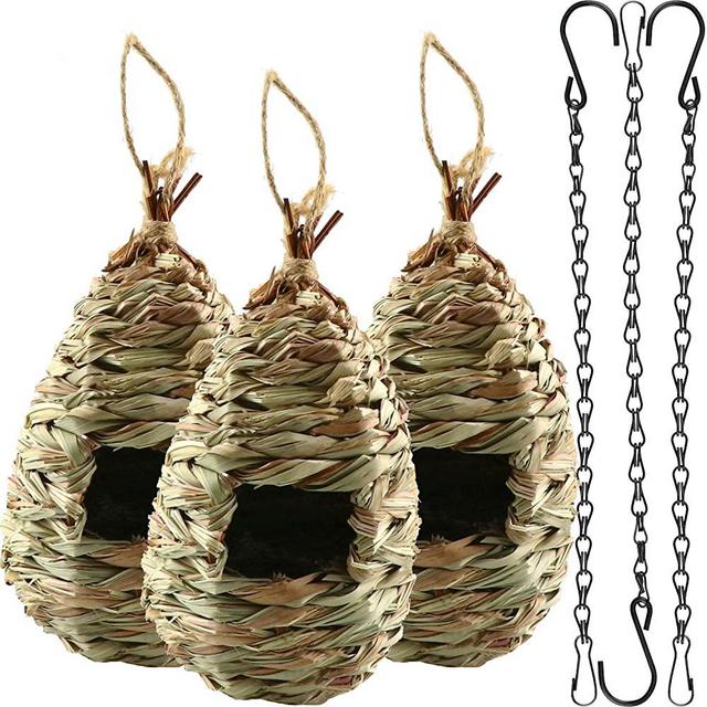 Dreecy Grass Bird Houses, Hummingbird House Set of 3 Hand Woven Hummingbird Houses Nest Small Hanging Audubon Birdhouse with 3Pcs 50cm Hanging Chains