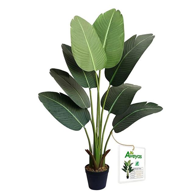 Aveyas 4ft Artificial Bird of Paradise Tree in Pot, Fake Tropical Travellers Plants Faux Banana Leaf Palm Silk Tree for Indoor Outdoor Office House Living Room Floor Modern Home Decor (4Feet,8 Trunks)