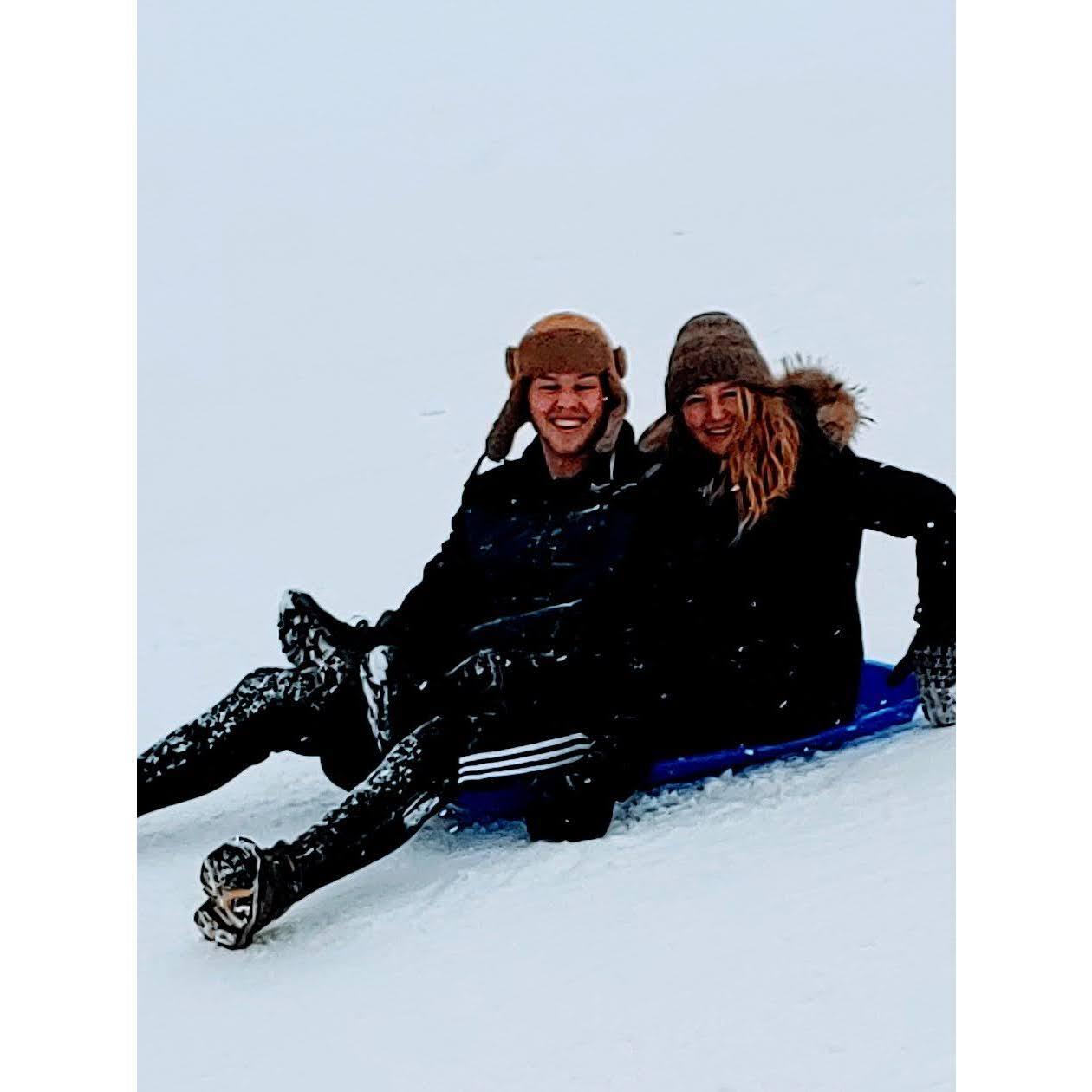 Tamara's 1st time sledding in over 10 years, Wheaton, Feb 2021.