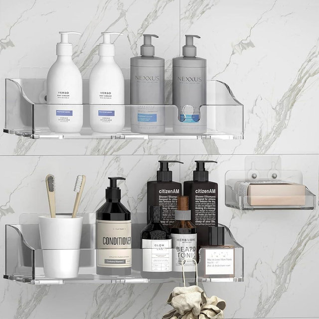 YAWSOUP Acrylic Shower shelves 3 Pack,Adhesive Shower Organizer for Bathroom Storage Home Decor,No Drilling,transparent Organizer,Shower caddy for Inside Shower