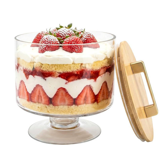 Trifle Bowl with Pedestal and Lid, Large Salad Bowl, Crystal Clear Glass, Wood Lid with Convenient Handle and Sealing Ring, for Laying Layered Dessert, Ice Cream and Cake, Ideal for Party Displays