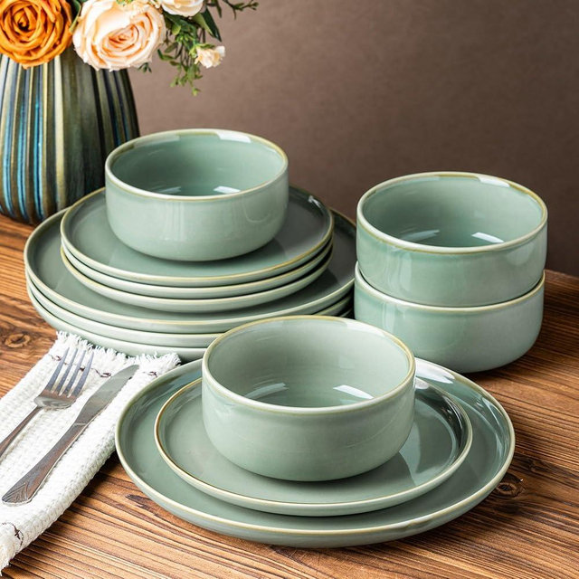 TheTerra Ceramic Dinnerware Sets for 4, 12 Pieces Handmade Reactive Glaze Plates and Bowls Set, Scratch Resistant Dish Set, Oven & Microwave & Dishwasher Safe, Eucalyptus