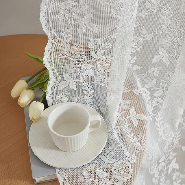 FINECITY Lace Curtains 96 Inches Long for Living Room, Rustic Leaf Floral Knitted Lace Curtain 2 Panels, Rod Pocket Vintage Privacy Window Sheer Lace Curtains, 42 x 96 Inch, 1 Pair, Ivory