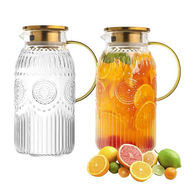 Amzcku 2 PACK Glass Pitcher with Lid, 68 oz/ 2 Liter Vintage Water Pitcher,Glass Water Carafe for Cold Brew, Coffee, Lemonade, Iced Tea,Beverage, Heat Resistant Jug