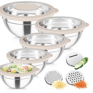 TeamFar Mixing Bowls, Stainless Steel Salad Serving Bowl with Clear Lids & 3 Graters, For Kitchen Cooking Prepping Storing, Size 4.6/2.6/1.5/1/0.7 QT, Nesting & Airtight, Set of 5 & Khaki
