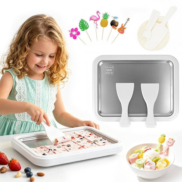 Rolled Ice Cream Maker, Food-Grade 304 Stainless Steel Rolled Ice Cream Tray, No Electricity Homemade DIY Cold Stone Ice Cream Slab for Kids, Perfect for Family Nights, Kids Parties (WHITE)
