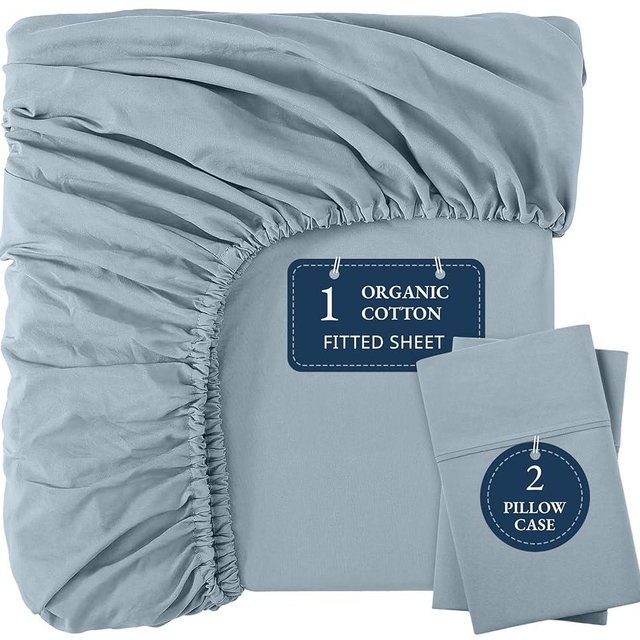 LANE LINEN Fitted Sheet King Size - 100% Organic Cotton, 3-Piece Set (1 Fitted Sheet,2 Pillowcases), Percale Weave, Ultra Soft, Breathable,Fits Mattress Upto 15" Deep -French Blue (No Flat Sheet)