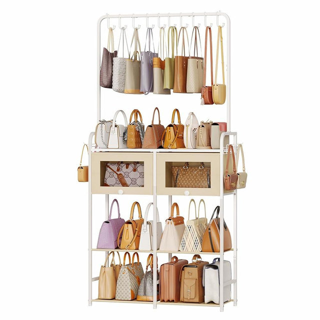 Transparent Purse Organizer for Closet with Dust-proof Drawers, Large Multi-Tier Handbag Storage Rack with Hooks & Clear Panel Doors, Slim Closet Bag Display Cabinet for Purses, Hats & Accessories