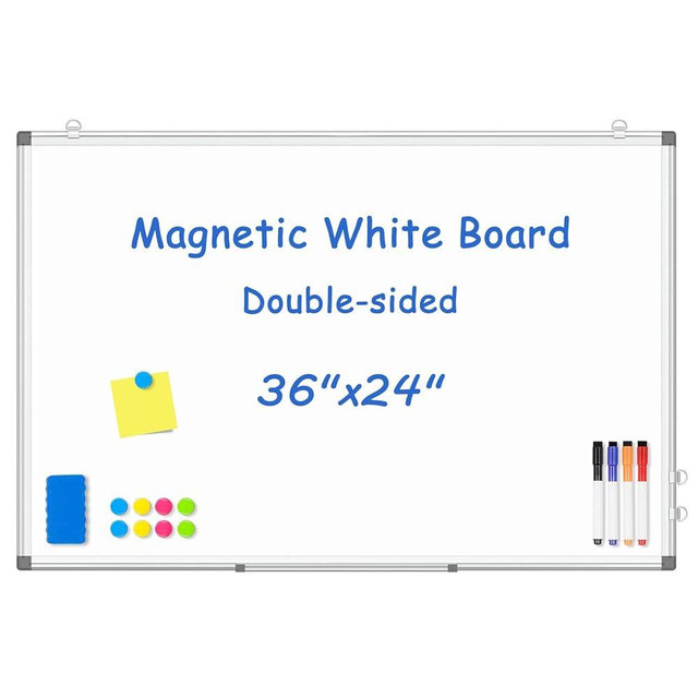 WALGLASS Magnetic White Board, 36" x 24" Double-Sides Dry Erase White Board for wall, Hanging or Mounted Whiteboard, Horizontal or Vertical, Silver Aluminium Frame, Home, School, Office, Kitchen