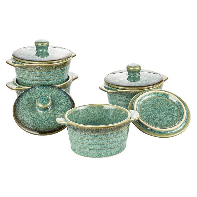 Creme Brulee Ramekins 8 oz with Lids, Oven Safe Bowls for French Onion Soup - Souffle Dish, Mini Covered Casserole Dish, Pot Pie Baking Dishes Set of 4, Reactive Green