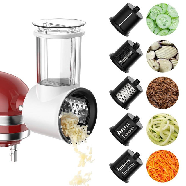 Slicer Shredder Attachment for Kitchen Aid Stand Mixer, Cheese Grater Attachment for Kitchen Aid Stand Mixer, Salad Maker Accessory, Food Processor with 5 Blades by FGREEBLE, High Volume, White