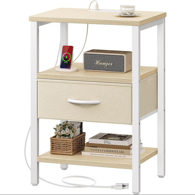 SUPERJARE Nightstand with Charging Station, Bed Side Table with Adjustable Fabric Drawer, Night Stand for Bedroom, 3-Tier Storage End Table, for Living Room, White Maple