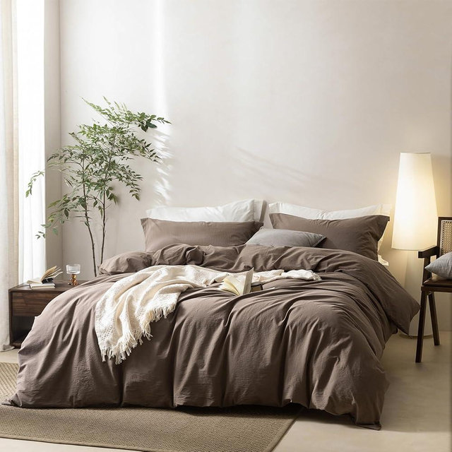 BDEAR Linen Feel Light Chocolate Brown Duvet Cover Oversized King Size 120'' W x 98'' L, 100% Washed Cotton Duvet Cover with Zipper Closure Plus 2 Pillowcases, Oeko TEX Standard Certificated