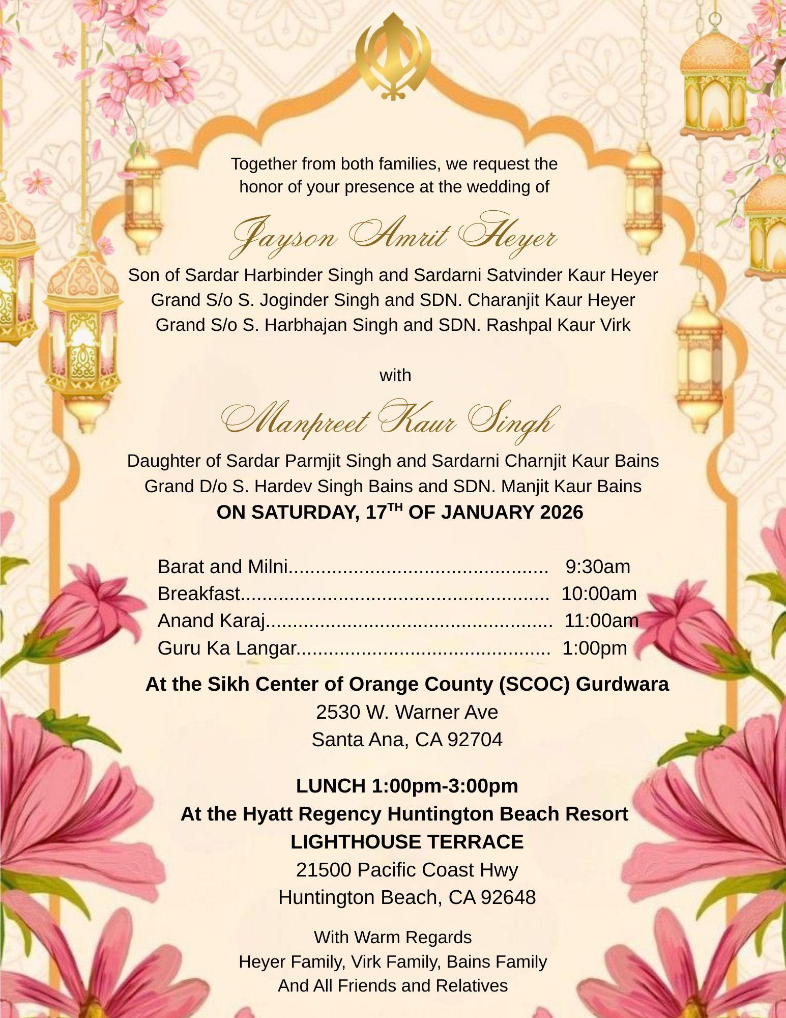 The Wedding Website of Jayson Amrit Heyer and Manpreet Kaur Singh