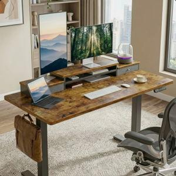 Electric Adjustable Height Standing Desk Computer Table with Drawers - Vintage Brown/Black, 28.5" H x 55" W x 28" D
