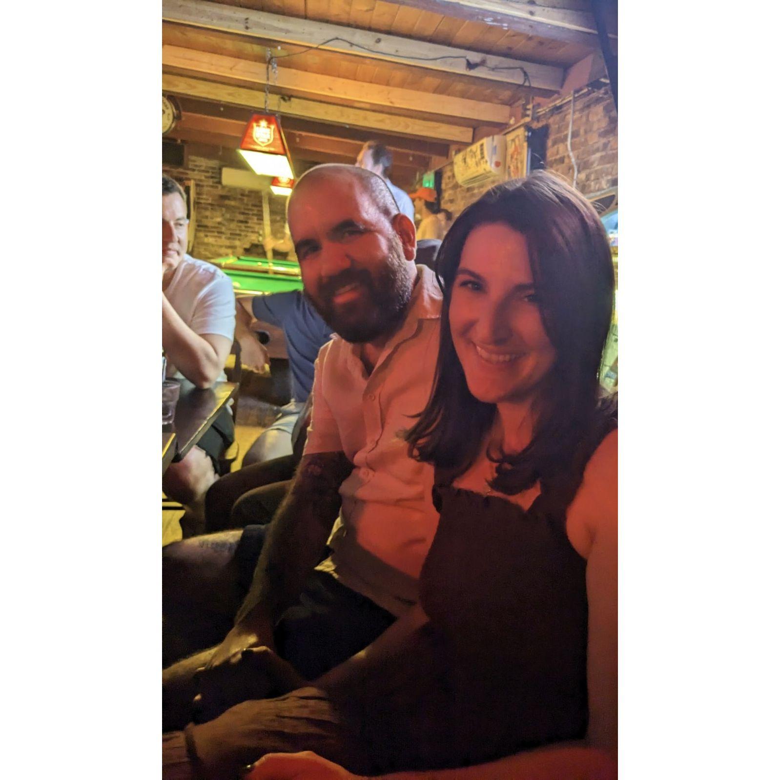 At our joint bday party/going away party at none other than Barfly's in Austin