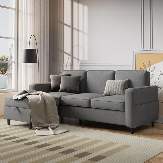 Sectional Sofa Couches for Living Room - 78'' Light Grey 3 Seat L-Shaped Couch with Storage Ottoman, Modern Linen Convertible Sectionals Sofas with Chaise for Apartment, Office, Small Space