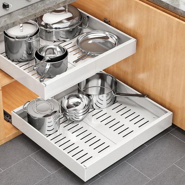 Pull out Cabinet Organizer, 2 pack, 16.5" Deep Heavy Slide out Drawers, Upgrade Three Triple-Slide Rail Systems, Expandable 12.8"-20.8" Roll out Shelf Storage for Kitchen Base Cabinet Organization
