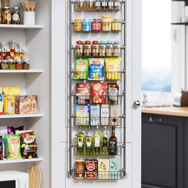 Delamu Over the Door Pantry Organizer, Metal Pantry Organizers and Storage, 8-Tier Over the Door Organizer, Pantry Door Organizer for Easy Install, D5 x W18 x H65.4 inch, Black