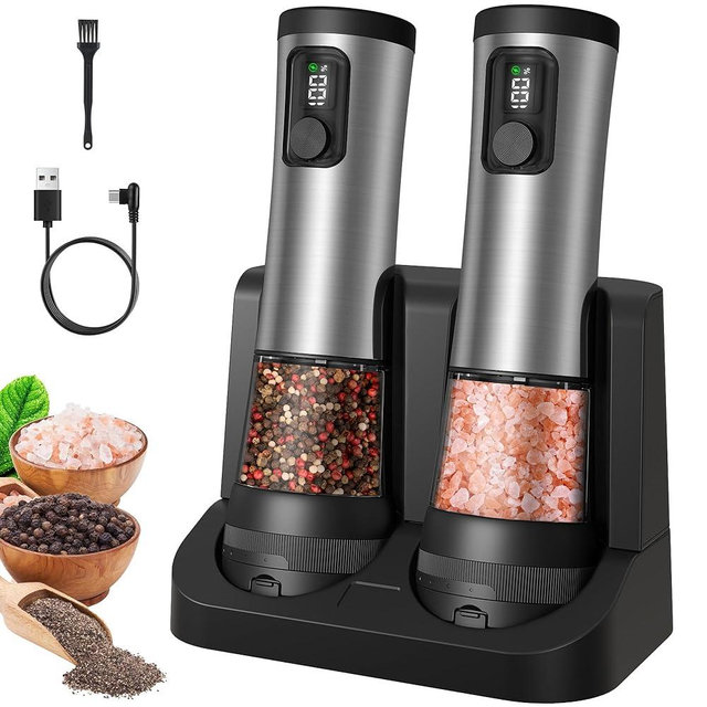 Electric Salt and Pepper Grinder Set, 2-Speed Setting, Stainless Steel Rechargeable Automatic Pepper Mill Shakers with USB Charging Base,100ml Large Capacity, External Adjustable Coarseness,LED Light