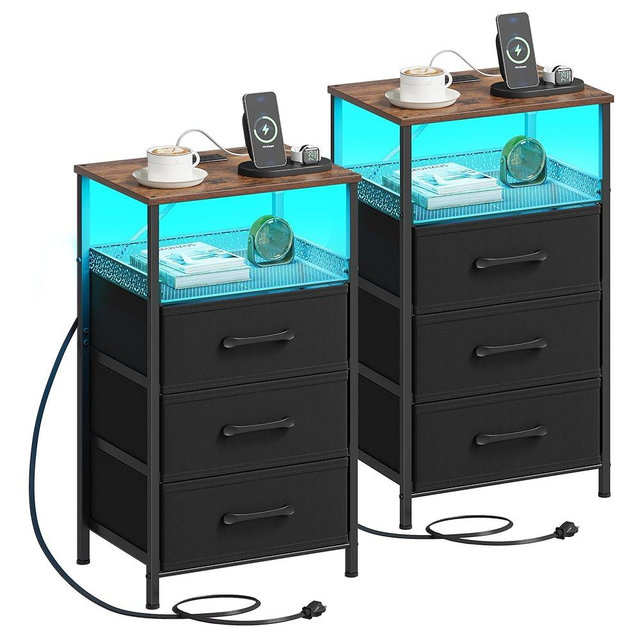 JARHETUN Night Stand Set 2 with Charging Station, 3 Drawer Nightstands with LED Lights, End Table with Outlets and USB Ports, Side Table with Open Shelf, Bedside Tables for Bedroom, Rustic Brown