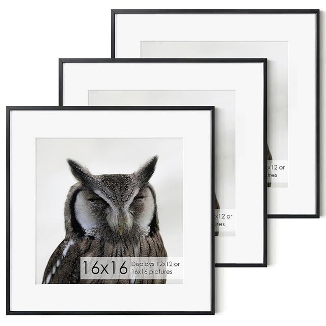 16x16 Metal Picture Frame with 12x12 Mat, Brushed Aluminum Finish, Tempered Glass Front, and Attached Hanging Hardware - Wall Display Frames for Vertical or Horizontal Set of 3 - Black