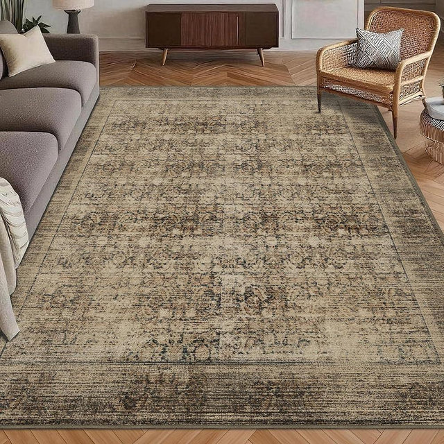Washable Area Rug 9' x 12' Vintage Traditional Persian Mat - Foldable Distressed Non-Slip Machine Washable Carpet for Living Room Bedroom Kitchen Home Decor - Mocha and Taupe
