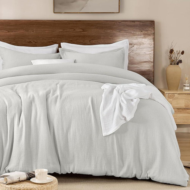 PHF Cotton Muslin Comforter Set Queen Size, Ultra Soft, Breathable & Lightweight All-Season Bedding, Filling: 100% Polyester, 3 Pieces with 1 Comforter 90"x90" and 2 Pillow Shams 20"x26", Light Grey