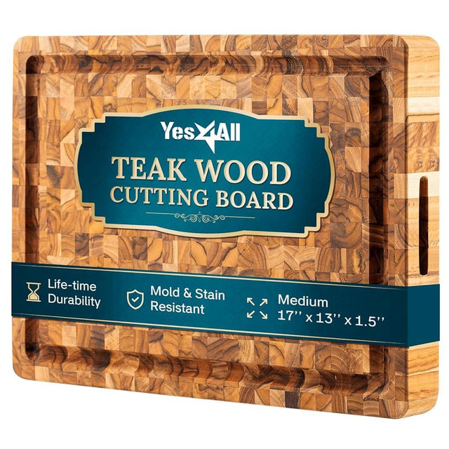 Yes4All Durable Teak Cutting Boards for Kitchen, [17''L x 13''W x 1.5” Thick] Medium End Grain Cutting Board, Pre Oiled Wood Cutting Boards, Thick Chopping Board w/Juice Grooves and Easy Grip Handle