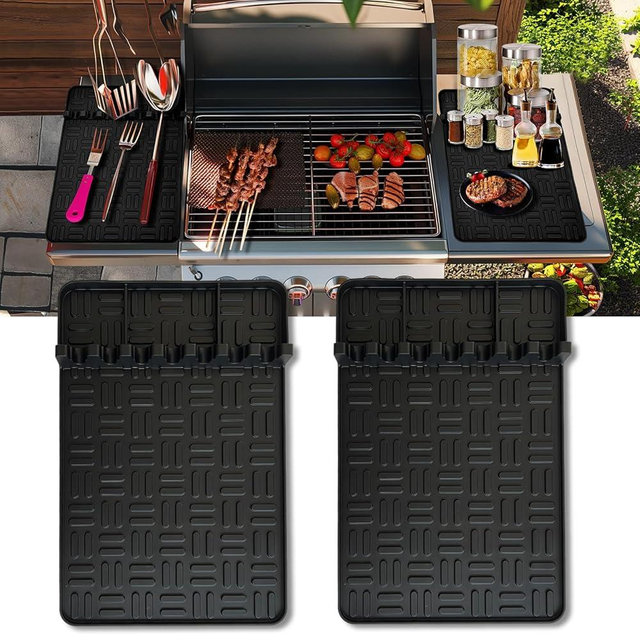 Pet Baby 2PCS Silicone Griddle Tools, Large Spatula Mat with Drip Pad, Side Shelf Mat for Grill BBQ Accessories (Black, 15.35" x 10.63")