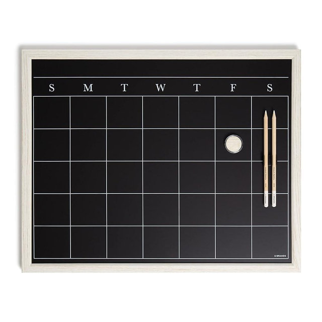 U Brands White Wash Frame Chalkboard Calendar Set, Office Supplies, with Magnet, Chalk Pencils 16” x 20”, 4 Pieces