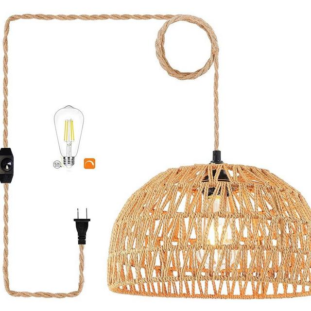 Plug in Pendant Light Rattan Hanging Lights with Plug in Cord Wicker Hanging Lamp with Woven Bamboo Basket Lamp Shade,Dimmable Switch,Boho Plug in Ceiling Light Fixtures for Kitchen,Farmhouse,Bedroom