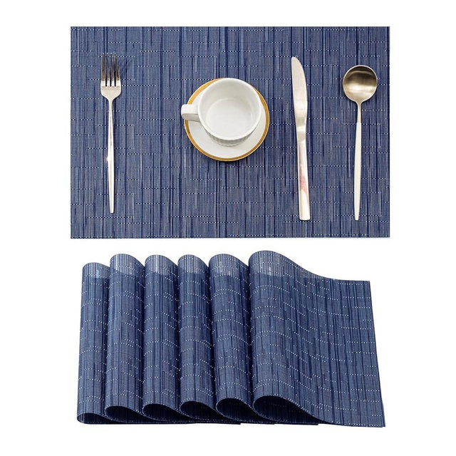 Leetaltree Blue Placemats Set of 6 - Heat Resistant Non-Slip Place mats for Dining Table, Washable Durable PVC Vinyl Woven Table Mats（Blue, 6）