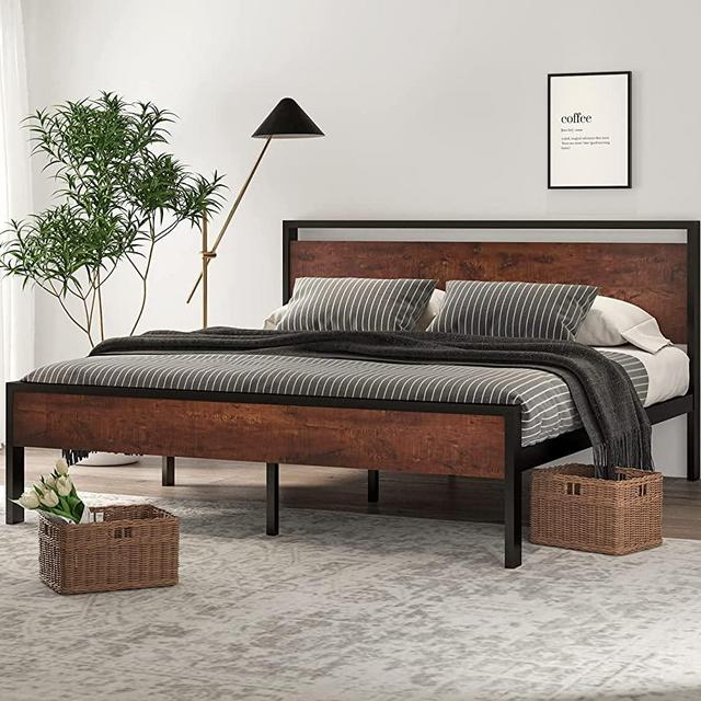 SHA CERLIN 14 Inch King Size Metal Platform Bed Frame with Wooden Headboard and Footboard, No Box Spring Needed / Mattress Foundation, Easy Assembly / Non-Slip Without Noise, Mahogany