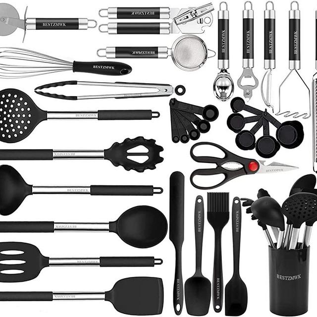 Kitchen Utensils Set-Silicone Cooking Utensils-32pcs Non-Stick Silicone Cooking Kitchen Utensils Spatula Set with Holder-Best Kitchen Cookware with Stainless Steel Handle (Black)