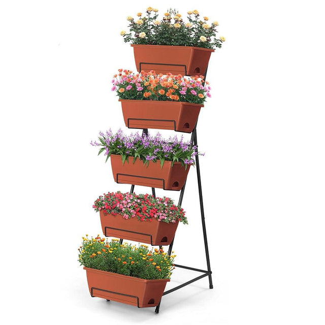 Fogein 5 Tier Vertical Raised Garden Bed Planter Box, Vertical Raised Bed with Drainage Holes for Indoor Outdoor Herbs Flowers Vegetables Plants, Red