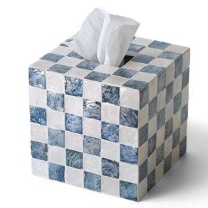 CHI AN HOME 5.7" Square Tissue Box Cover, Handmade Checkered Cube Tissue Box Cover with Capiz Shells, Decorative Tissue Holder for Living Room, Bathroom, Bedroom or Office (Navy Blue)