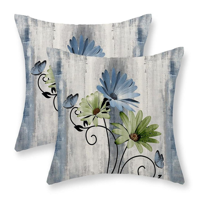 GOLIANDA Blue Green Floral Pillow Covers 18x18 Set of 2 Vintage Butterfly Daisy Flower Throw Pillow Outdoor Decorative Pillow Cases Linen Rustic Farmhouse Seasonal Decor Cushion Cover for Couch Home