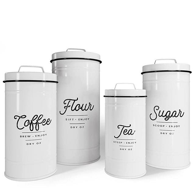 Barnyard Designs White Canister Sets for Kitchen Counter, Vintage Kitchen Canisters, Country Rustic Farmhouse Decor for the Kitchen, Coffee Tea Sugar Flour Farmhouse Kitchen Decor, Metal, Set of 4