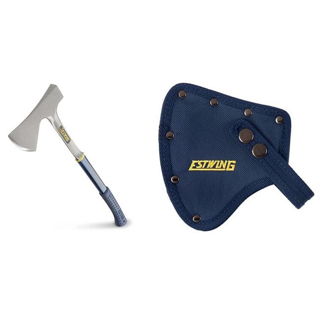 ESTWING Camper's Axe - 26" Wood Splitting Tool with All Steel Construction & Shock Reduction Grip - E45A and NO.9 Blue Replacement Sheath For E45A & E44A
