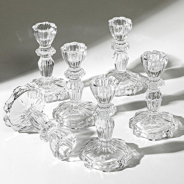 4" Tall Glass Candlestick Holder Set of 6 Clear Crystal Glass Candle Holders for Candlesticks Glass Taper Candle Holder Candle Sticks Holder Decor for Wedding Birthday Party Christmas Valentines Day