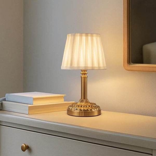 ALOADECOR Glam Cordless Brass Table Lamp Touch Control with 3 Way Classic Elegant Dimmable LED Nightstand Lamp with Fabric Shade - H11''