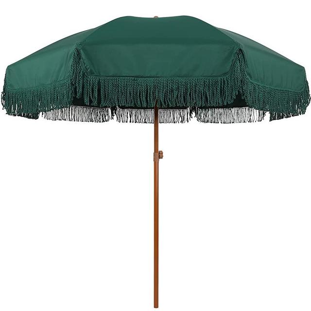 AMMSUN 7ft Patio Umbrella with Fringe Outdoor Tassel Umbrella UPF50+ Wood Color Steel Pole and Steel Ribs Push Button Tilt - Dark Green