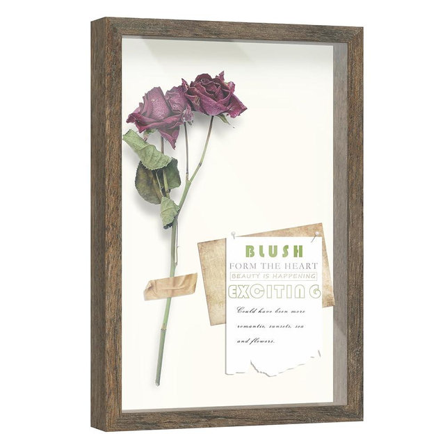 FrameWorks 12" x 18" Brown Wooden Shadow Box Frame – Soft Felt Back, Tempered Glass, and Included Elegant White Ball Push Pins