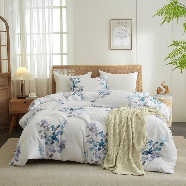 Vintage Style Floral Botanical Comforter Set Queen Chic Garden Floral White Comforter Set Soft Fluffy Vibrant Colors Floral Leaves Bedding Comforter with 2 Pillowcases Fresh Leaves Comforter Set