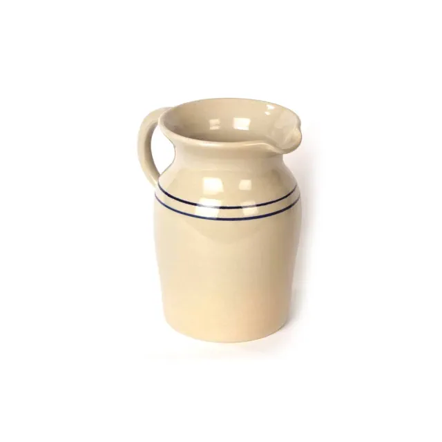 Martinez Pottery Stoneware Pitcher Vase, Natural with Blue Stripe Country Decor, Medium