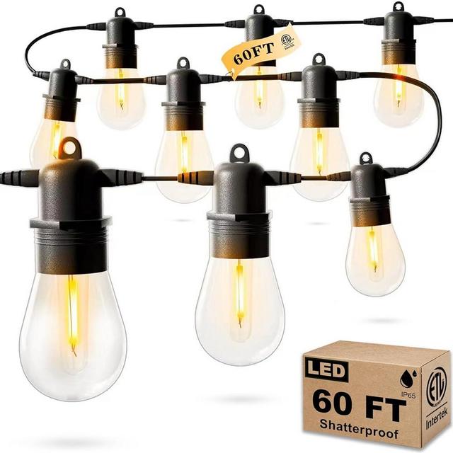 Jerritte 60FT LED Outdoor String Lights with 16 Edison Shatterproof IP65 Waterproof Bulbs, 2700K Dimmable Commercial Grade Patio Lights, Heavy Duty Outside Hanging Lights for Garden Porch Deck Decor