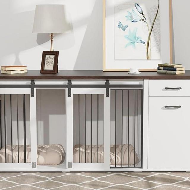 71" Large Dog Crate Furniture for 2 Dogs, Wooden Dog Kennel with Drawer, Furniture Style Dog Crates, Decorative Dog Crate with Tilt Out Trash Cabinet, Divider and Sliding Barn Door (White)