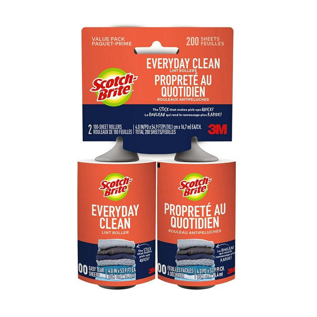 Scotch-Brite Everyday Clean Lint Roller, Lint Remover for Pet Hair, Dark Clothes, Furniture, and Dusty Surfaces, Picks Up Fur & Fluff in Your Home, Car, & Office, 2 Pack, 200 Adhesive Sheets Total