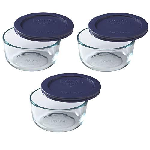 Pyrex 123 Blue Storage Round Dish with Dark Plastic Cover, Clear (2-Cup Pack of 3)
